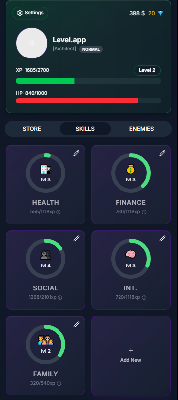 Level.app — Skills screen